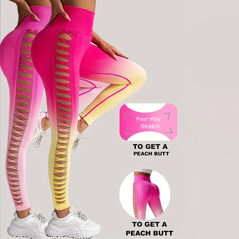 2 Pack Cut Out Ombre Gradient Color Hollow High-waist Butt-lifting Fitness Women's Yoga Pants, Women's High Waist Yoga Pants Cutout Ripped Super Soft And Comfortable Skinny