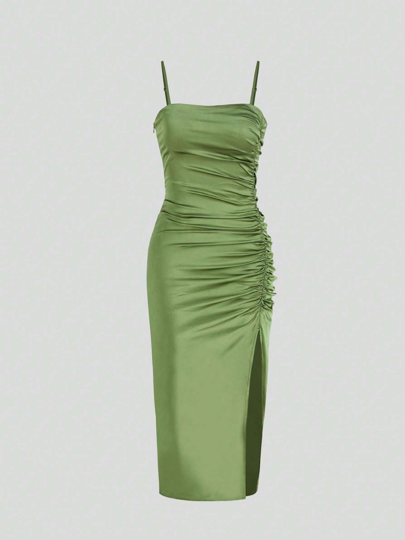 Solid Color Ruched Bodycon Slit Cami Dress Party Dress Wedding Guest Dress
